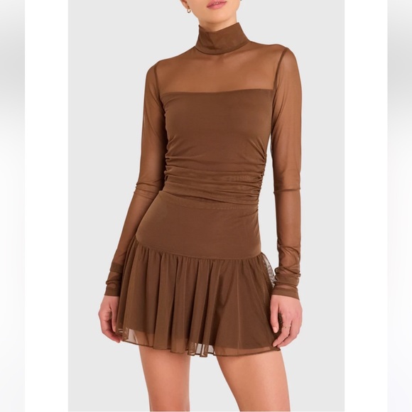 Amanda Uprichard Dresses & Skirts - Amanda Uprichard Brown Long Sleeve Mesh Mini Dress